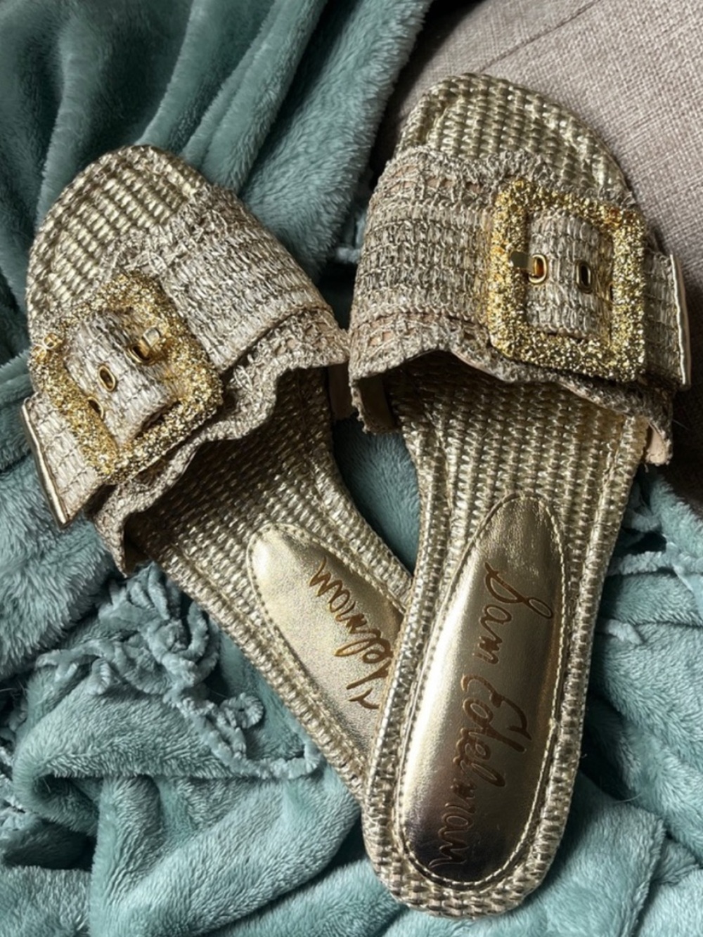 New- Sam Edelman Metallic Gold Woven Buckle Slide Sandals